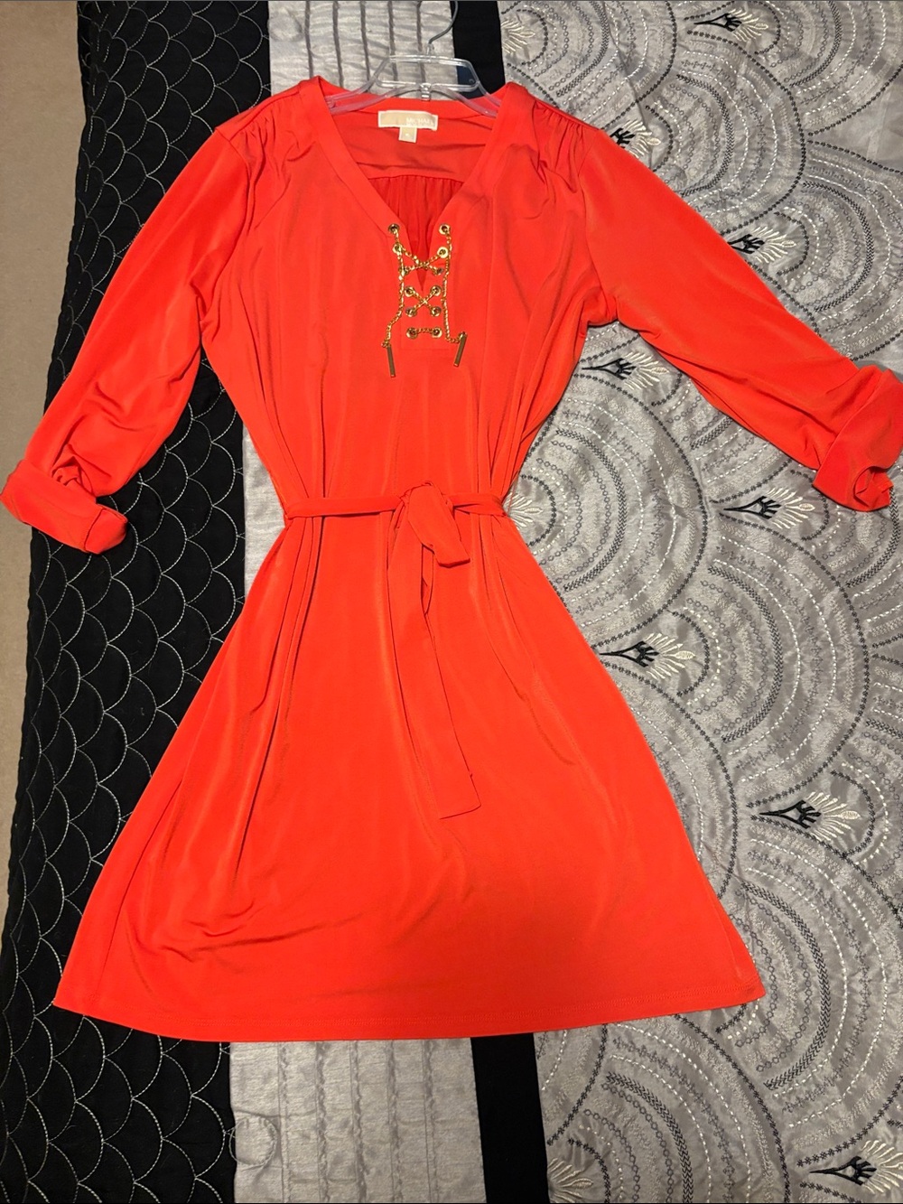 MICHAEL Michael Kors Bright Orange Long Sleeve Lace-Up Belted Dress